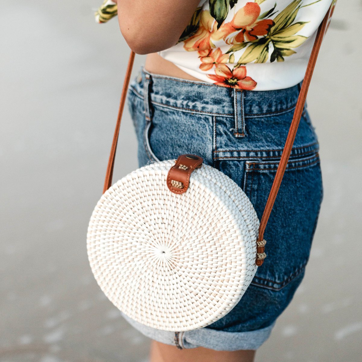 Rattan Crossbody Bag White - Handmade Boho Bali Shoulder Bag