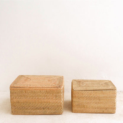 Panier de rangement avec couvercle – Panier d'étagère en rotin beige – Panier décoratif tressé à la main GRAHA (2 tailles)