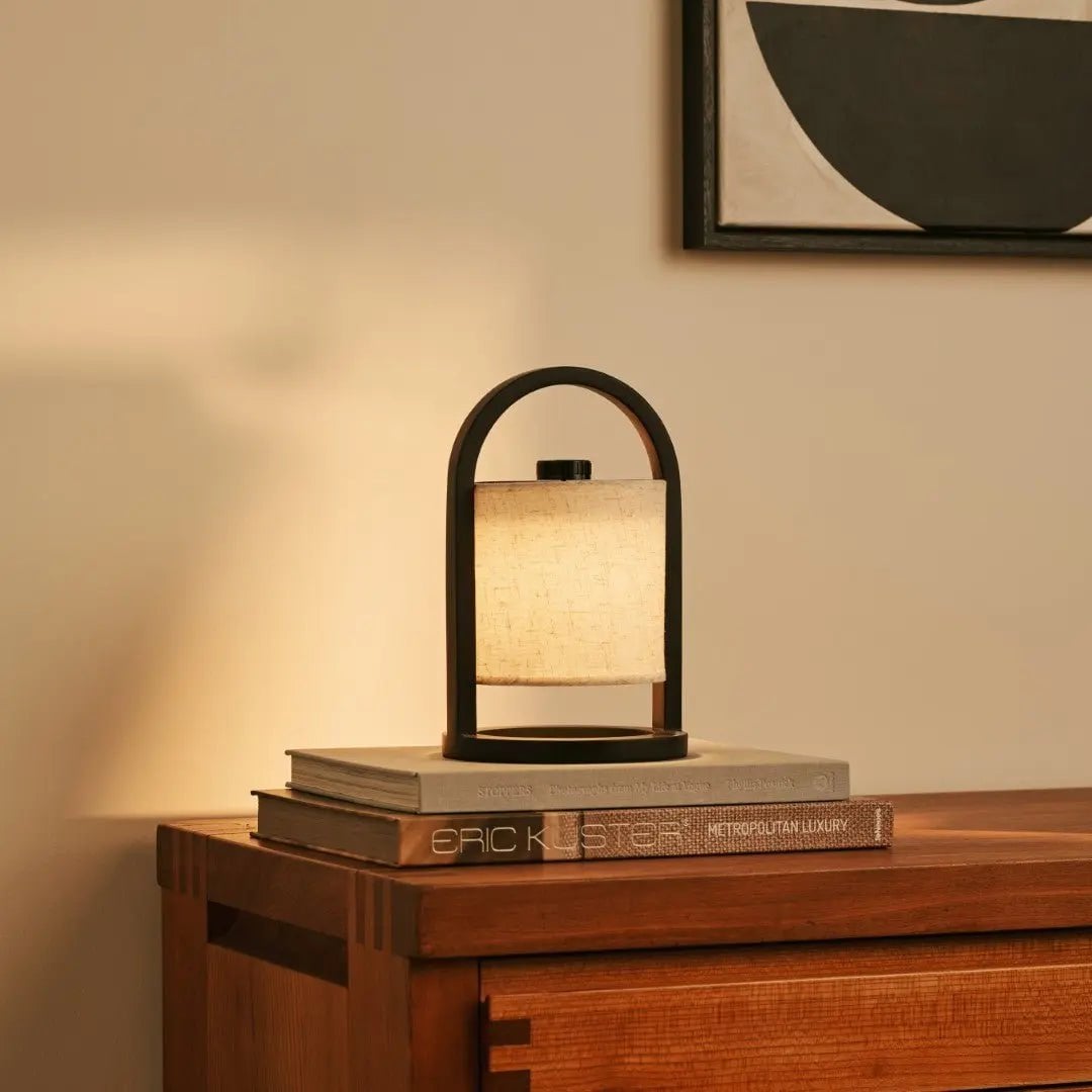 Black Wood Rechargeable Table Lamp | Linen Shade & 100-Hour Battery