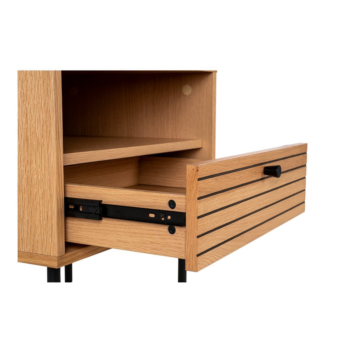 Kyoto Side Table - Side Table, oak veneer, black metal legs, 1 drawer, 50x40x50 cm