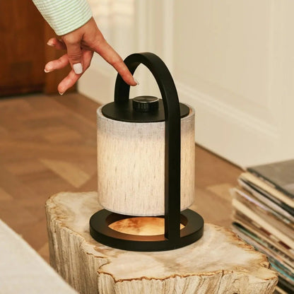 Wooden Rechargeable Table Lamp - Black & Grey Linen Blend, Cordless