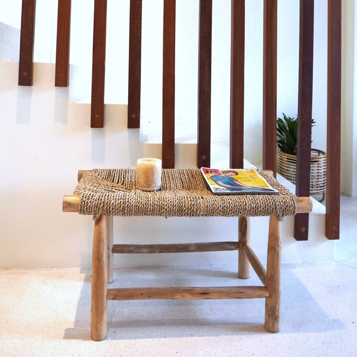 Teak & Seagrass Bench - Handwoven Accent Furniture