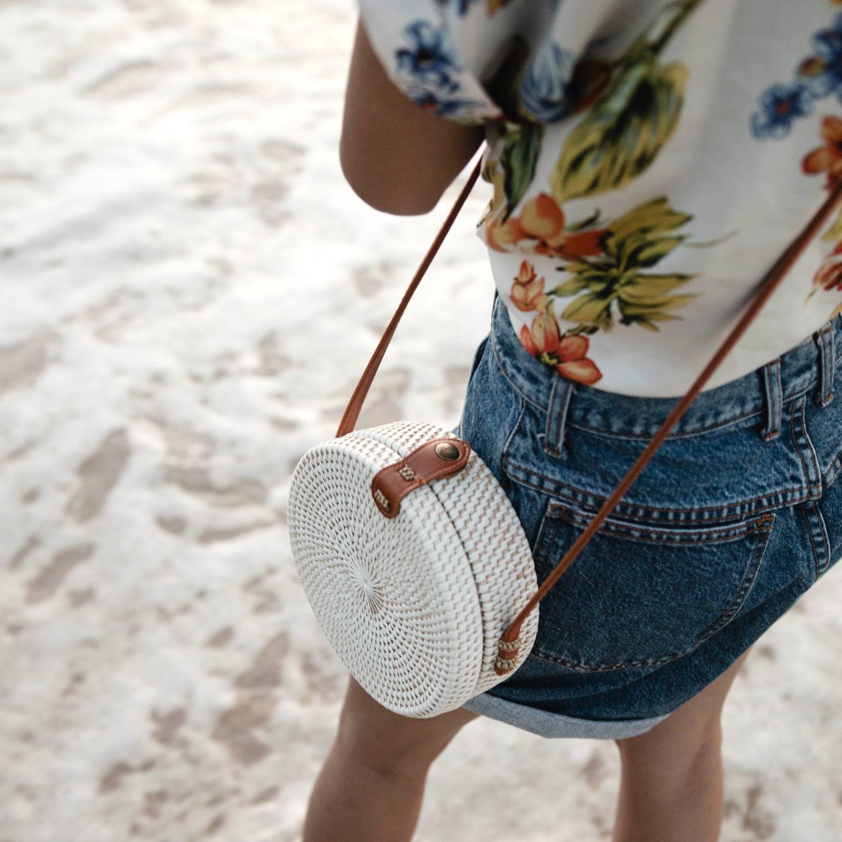 Rattan Crossbody Bag White - Handmade Boho Bali Shoulder Bag