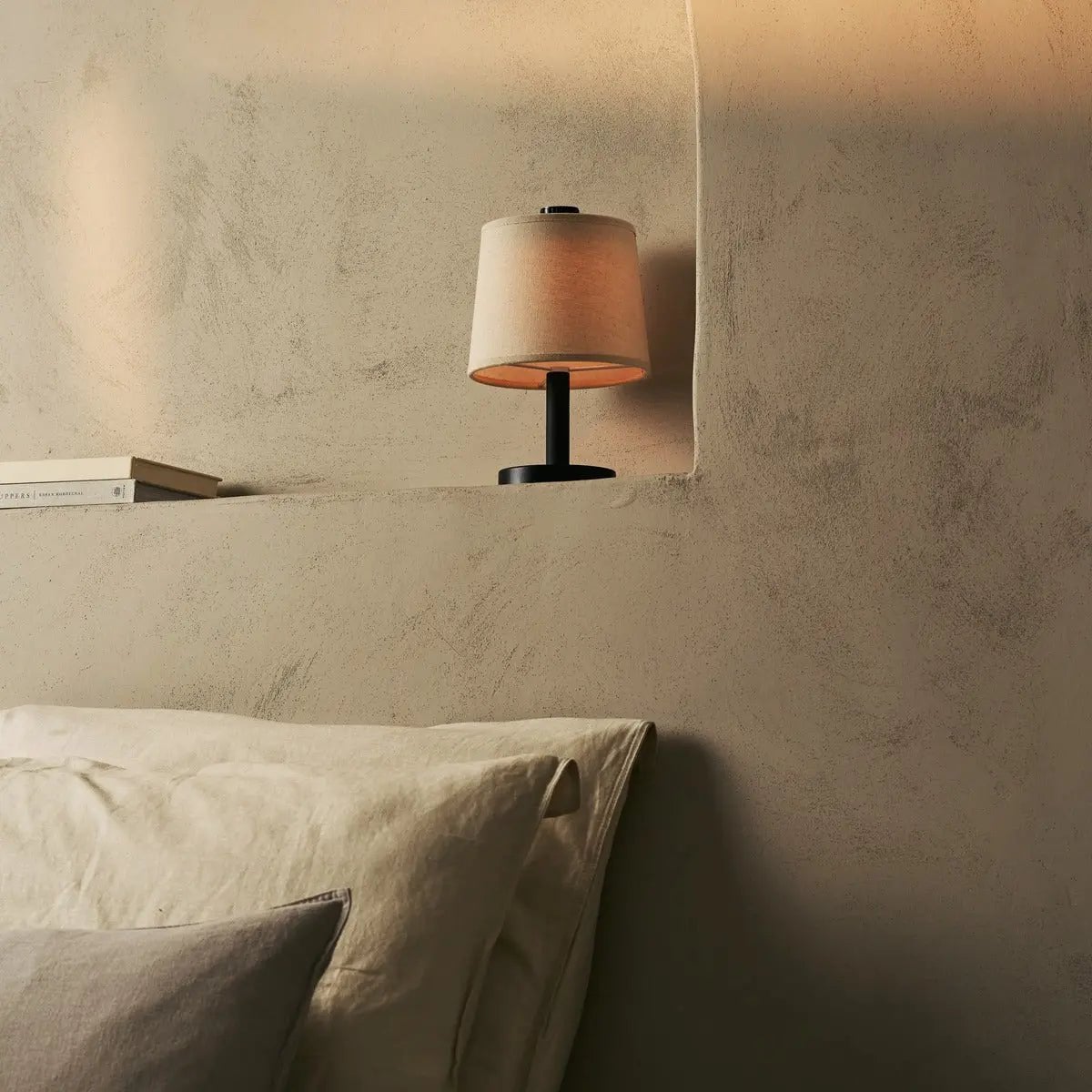 Black Wooden Table Lamp - Cordless Rechargeable Linen Shade
