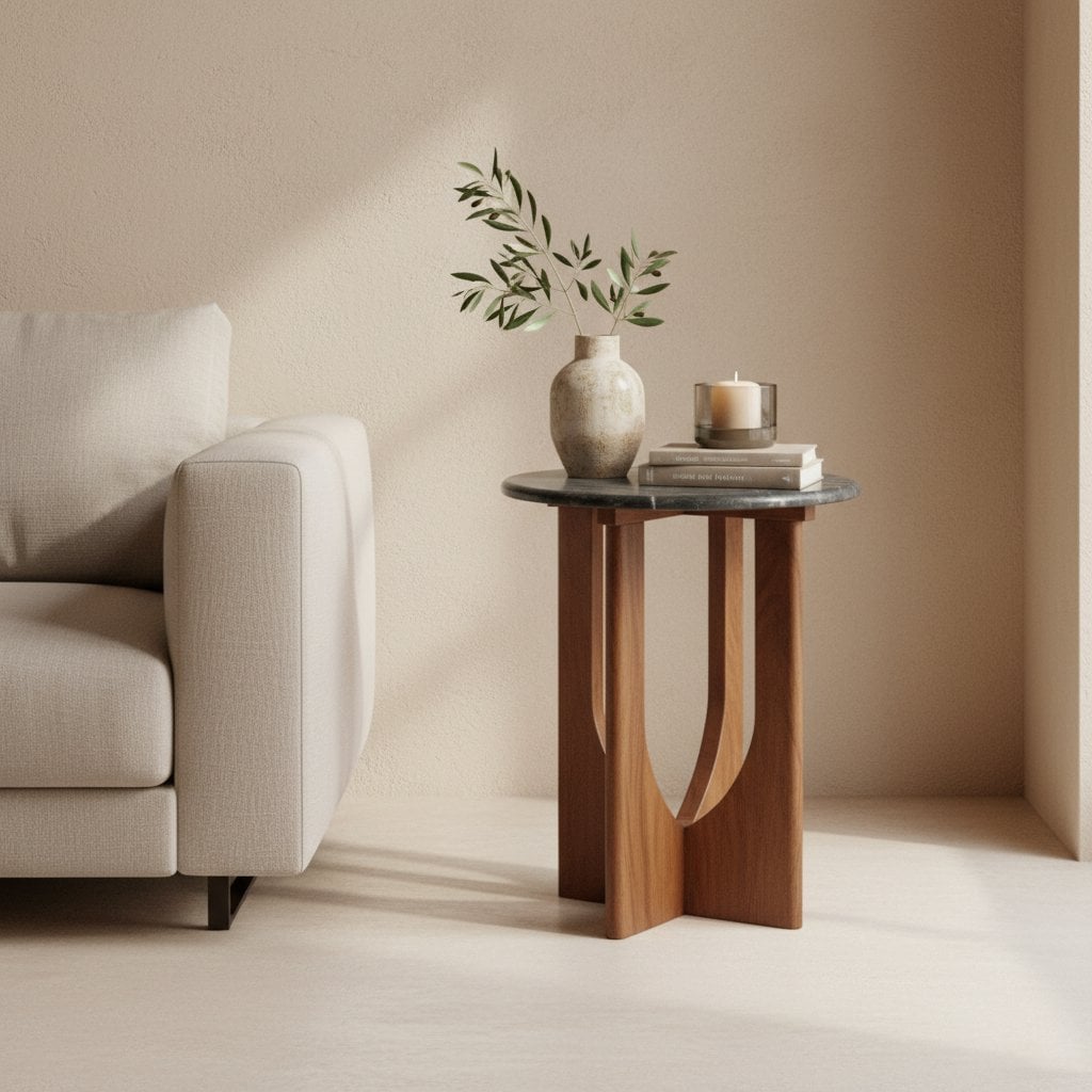 Black Marble Side Table – Mango Wood Base, Modern Accent