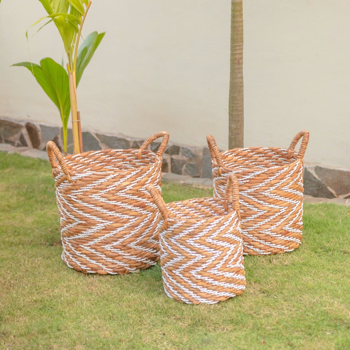 Panier Tressé Rond à Motif rayé YALIMO fabriqué en Hydrocoton (3 tailles)