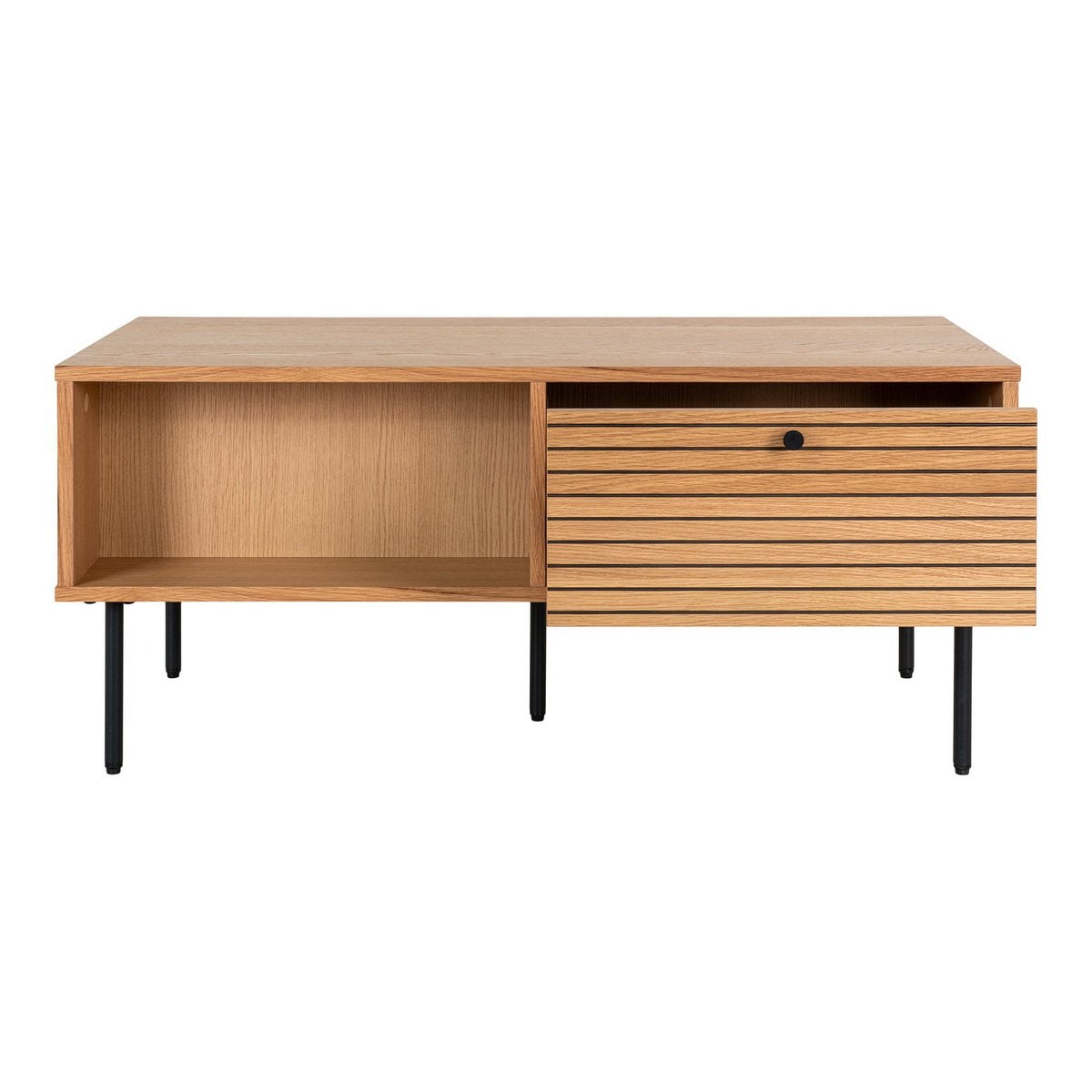 Kyoto Coffee Table - Coffee Table, oak veneer, black metal legs, 2 drawers, 50x100x45 cm