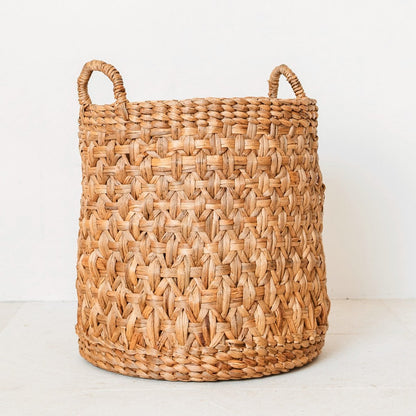 Water Hyacinth Laundry Basket - Boho Woven Hamper - Brown