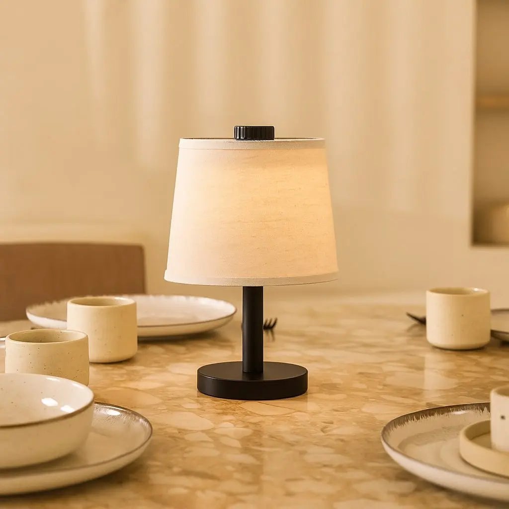 Black Wooden Table Lamp - Cordless Rechargeable Linen Shade