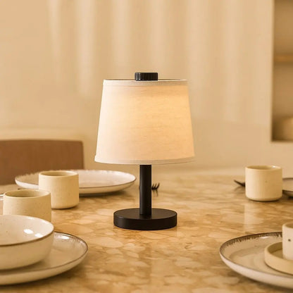 Black Wooden Table Lamp - Cordless Rechargeable Linen Shade