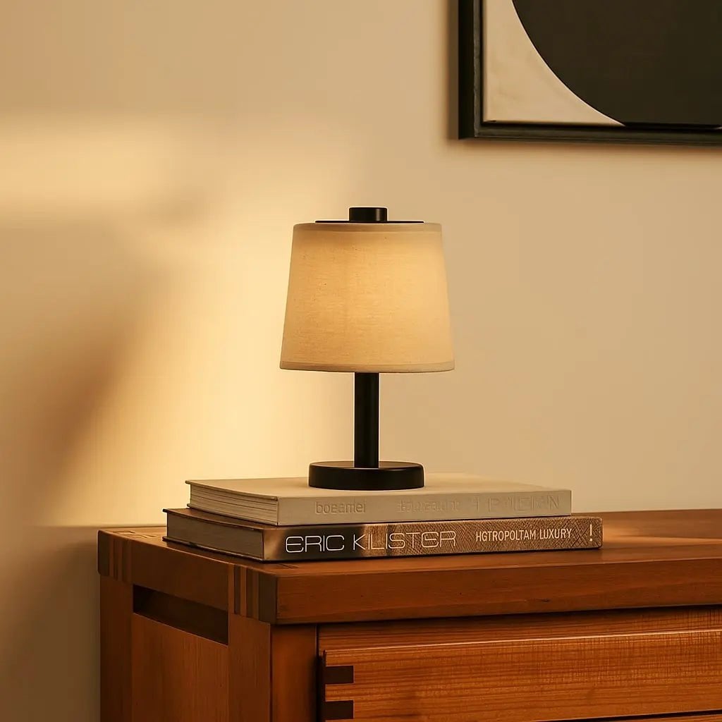 Black Wooden Table Lamp - Cordless Rechargeable Linen Shade