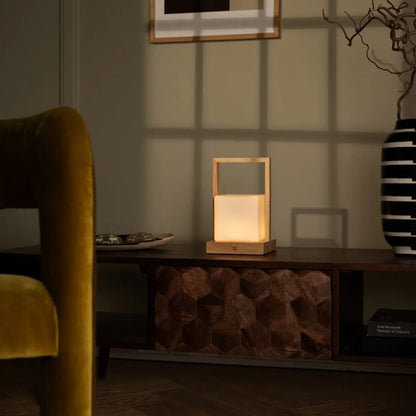 Rubberwood Table Lamp - Light Brown Cordless Dimmable Rechargeable