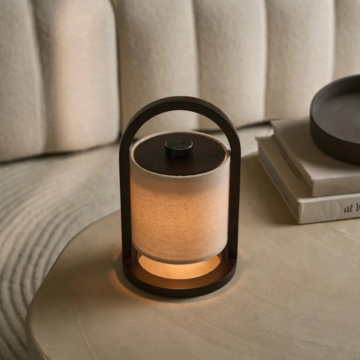 Wooden Rechargeable Table Lamp - Dark Brown Linen Blend, 100-Hour Battery