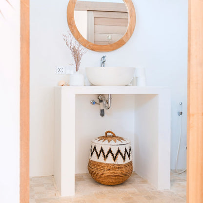 Boho Laundry Basket with Lid - Large Woven Hamper with Cotton Pattern