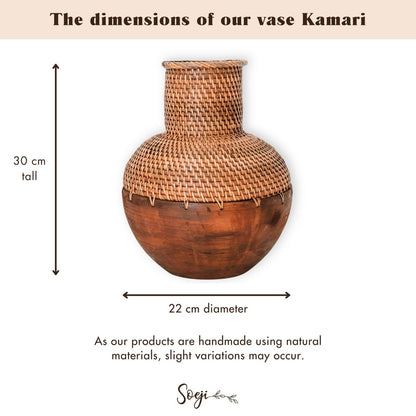 Rattan Vase – Boho Dried Flower Vase – Handwoven Wooden Vase – 22cm Brown