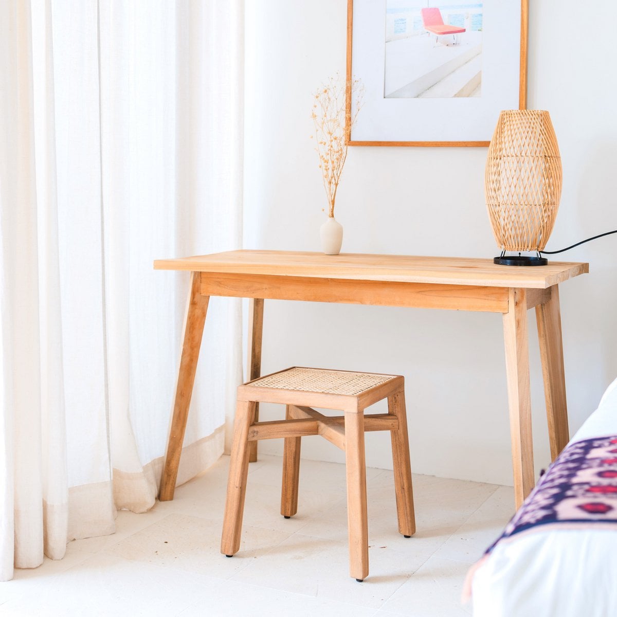 Wooden Stool – Solid Rectangular Stool – Handmade Square Stool Made of Rain Tree Wood with Woven Rattan Seating Surface SUBANG