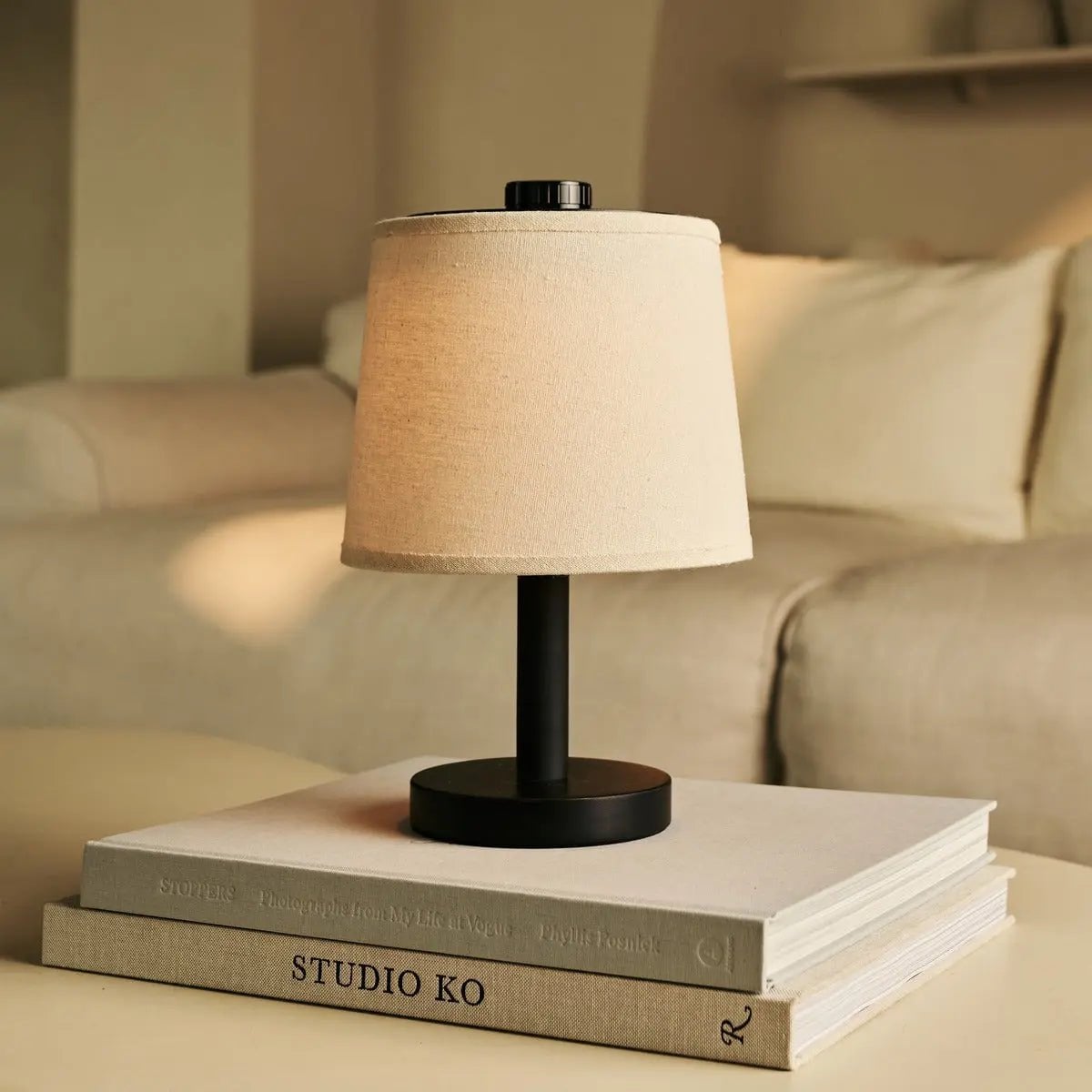 Black Wooden Table Lamp - Cordless Rechargeable Linen Shade