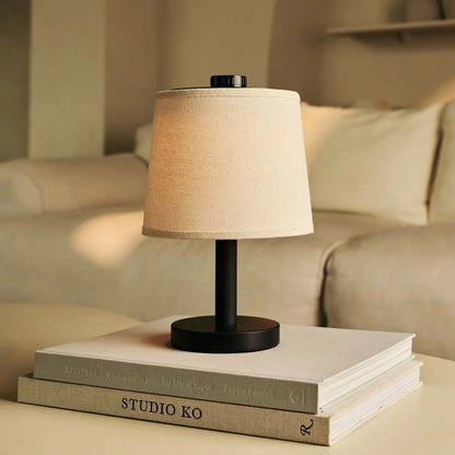 Black Wooden Table Lamp - Cordless Rechargeable Linen Shade