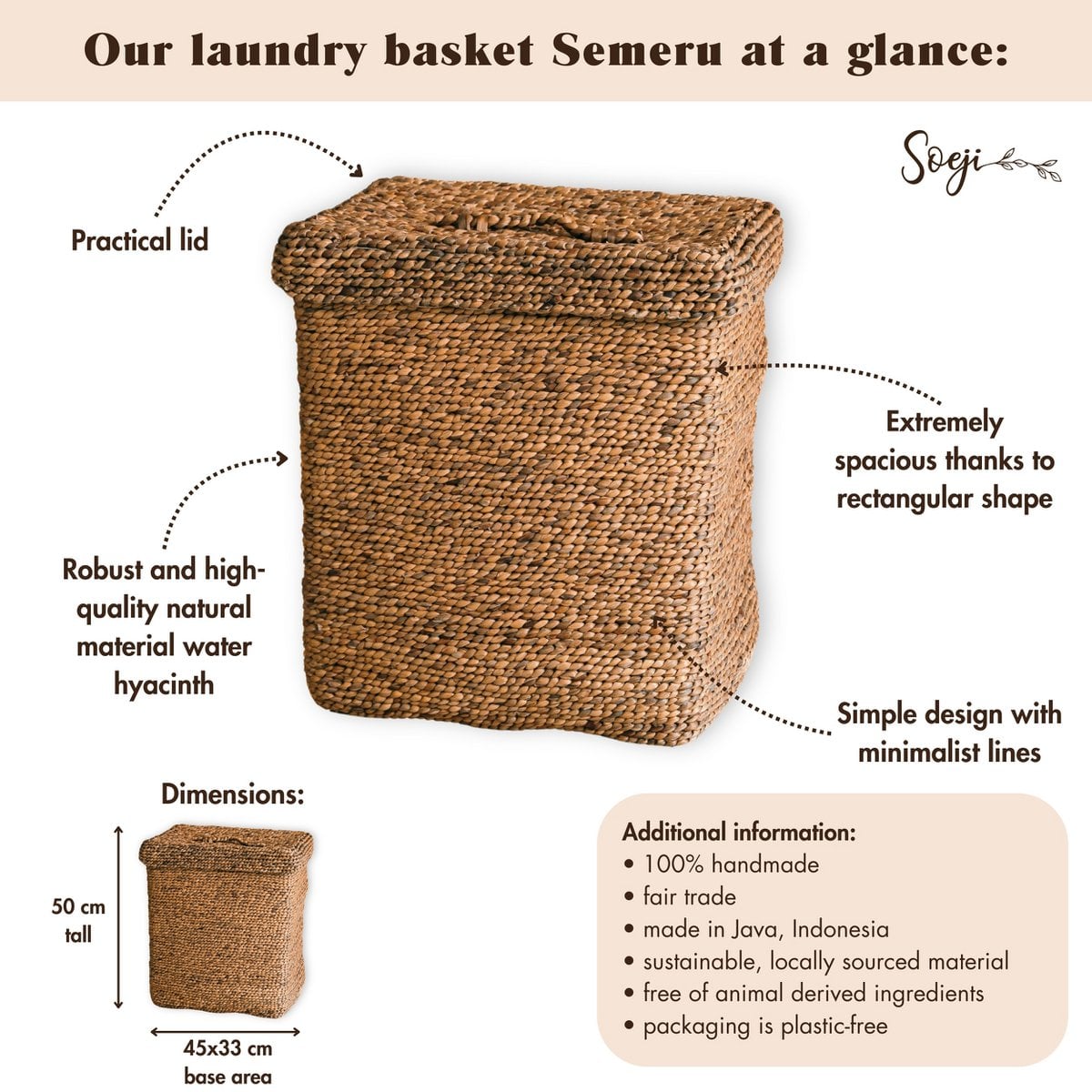 Large Laundry Basket with Lid – Decorative Woven Brown Basket – Rectangular Laundry Hamper – Boho Basket Handmade from Water Hyacinth SEMERU