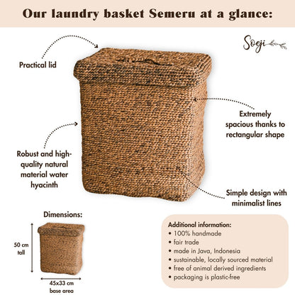 Large Laundry Basket with Lid – Decorative Woven Brown Basket – Rectangular Laundry Hamper – Boho Basket Handmade from Water Hyacinth SEMERU