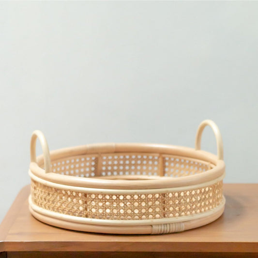 Plateau en rotin | Plateau rond de service NEIRA fait à la main beige Ø 40 cm