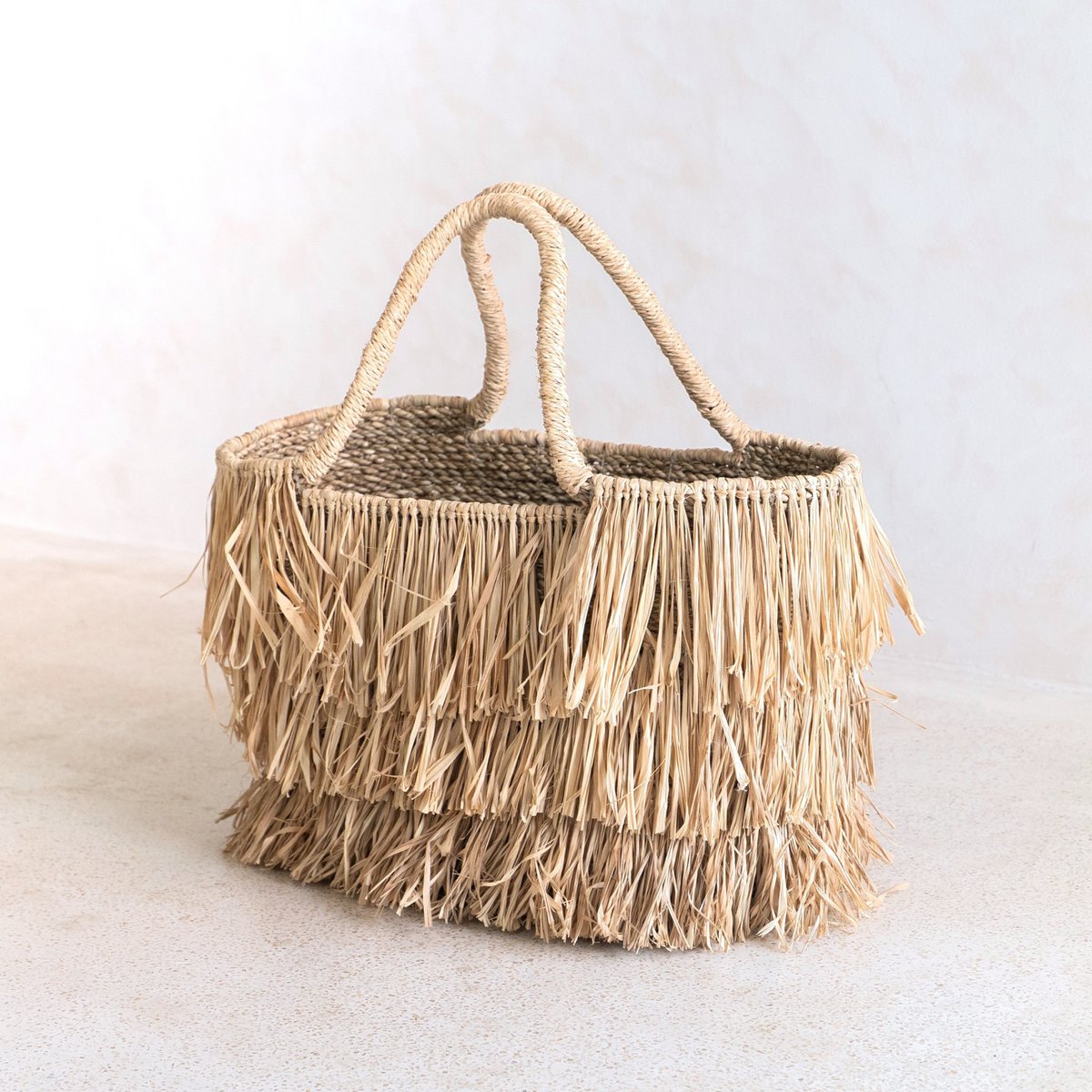 Large Boho Raffia and Seagrass Basket Bag with Fringes – Handmade Summer Tote Bag TOBA