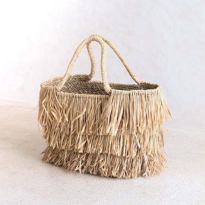 Large Boho Raffia and Seagrass Basket Bag with Fringes – Handmade Summer Tote Bag TOBA