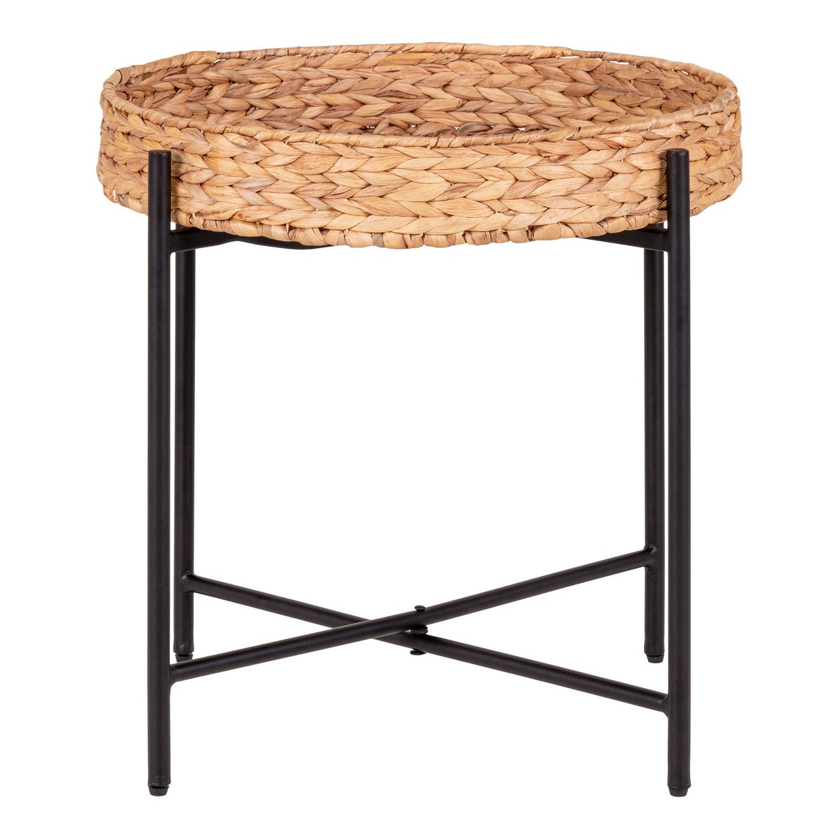 Water Hyacinth Side Table - Black Metal Frame, Natural Round Accent