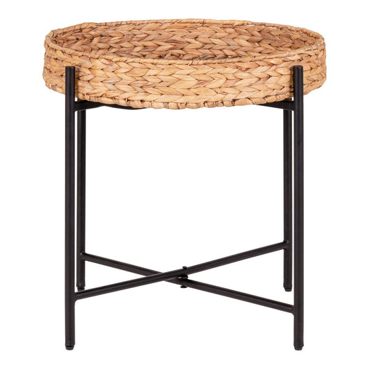 Water Hyacinth Side Table - Black Metal Frame, Natural Round Accent