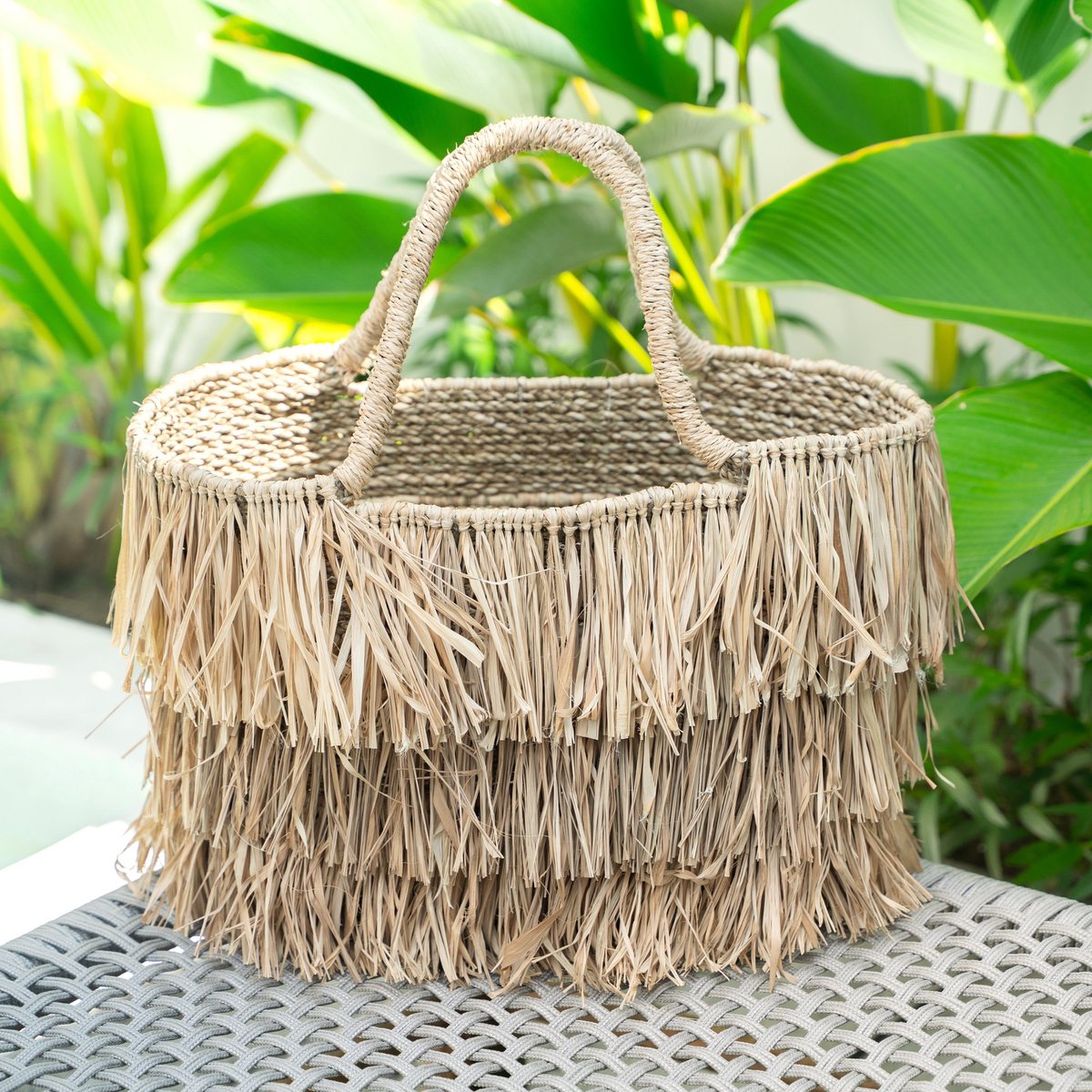 Large Boho Raffia and Seagrass Basket Bag with Fringes – Handmade Summer Tote Bag TOBA