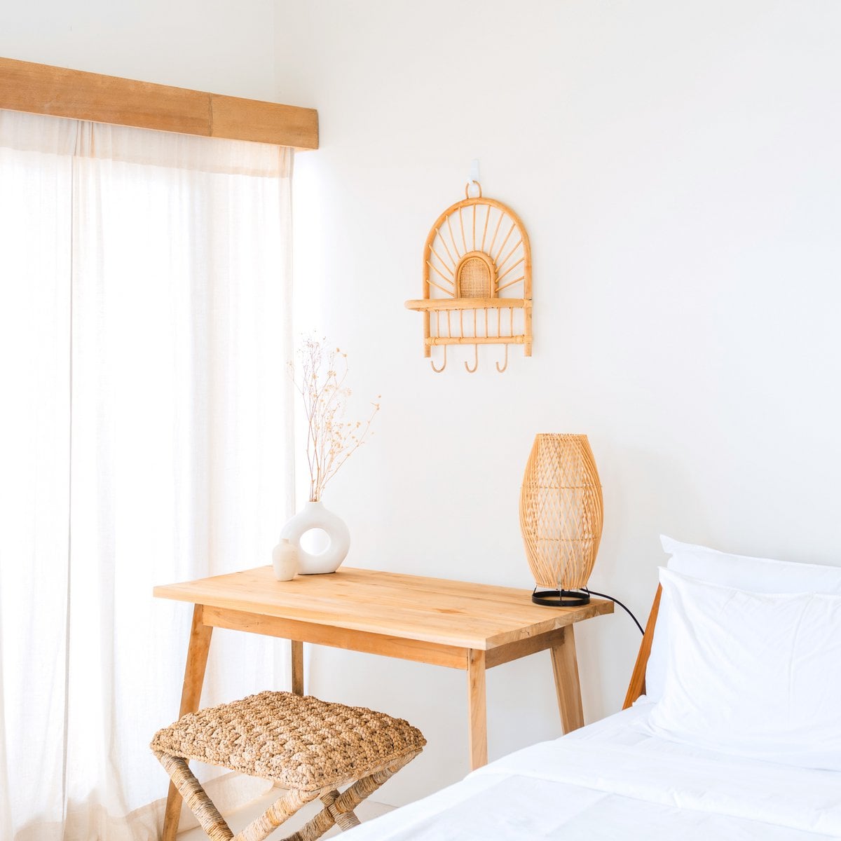 Rattan Wall Shelf with Hooks – Small Boho Hanging Shelf, 41x53 cm