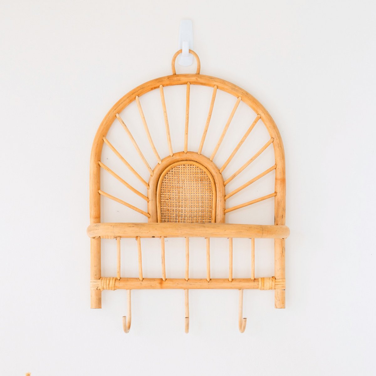 Rattan Wall Shelf with Hooks – Small Boho Hanging Shelf, 41x53 cm
