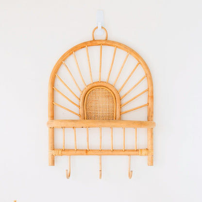 Rattan Wall Shelf with Hooks – Small Boho Hanging Shelf, 41x53 cm