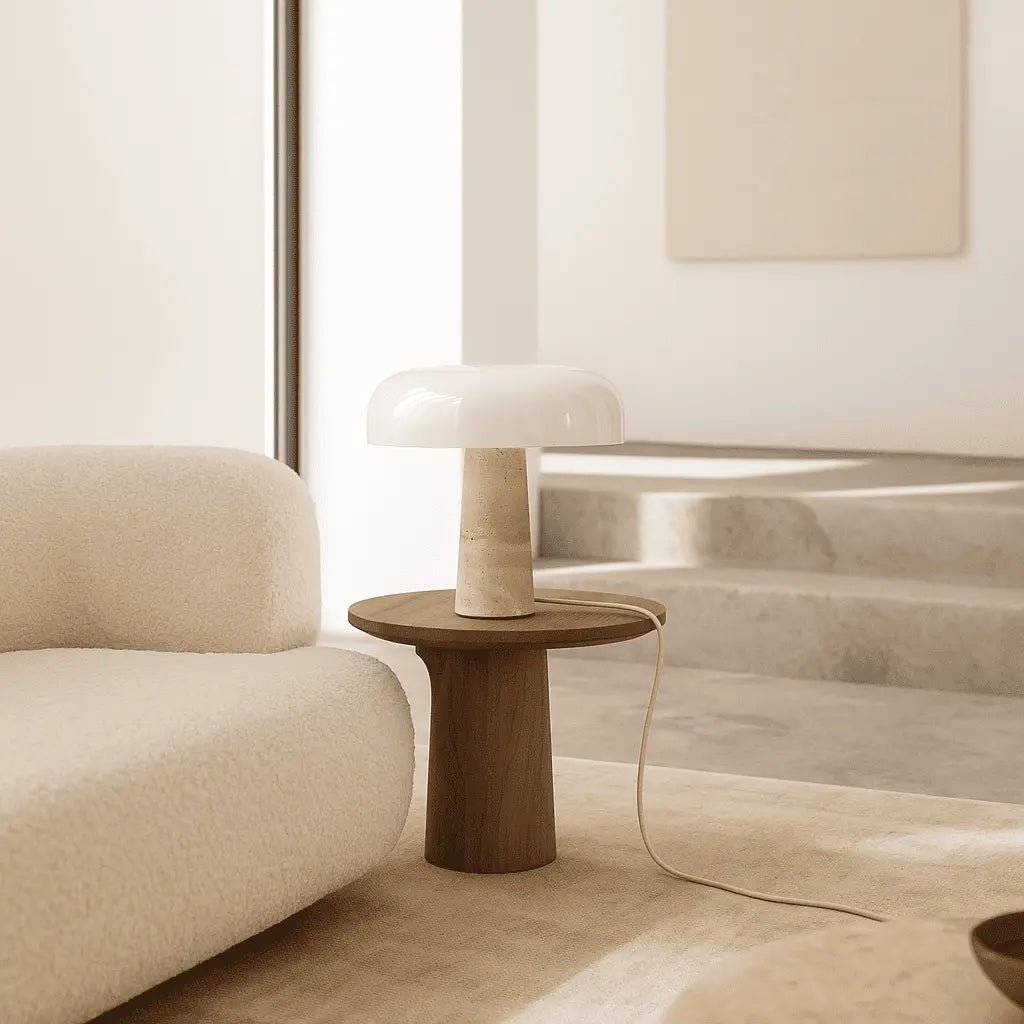Travertine Table Lamp with Glass Shade - Elegant Natural Stone Design