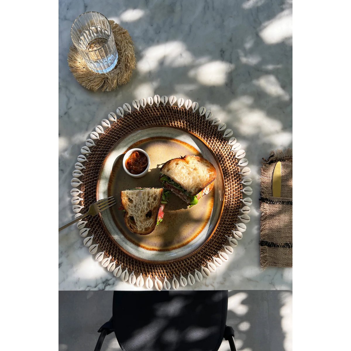 Rattan Placemat with Shells - Natural Brown Table Decor