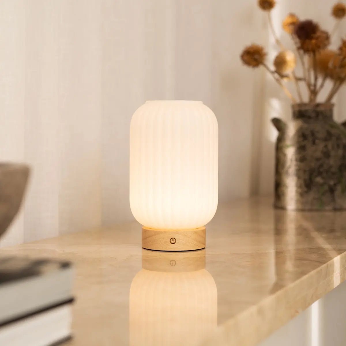 Rubberwood Table Lamp – Light Brown Rechargeable Lamp with 3 Light Modes