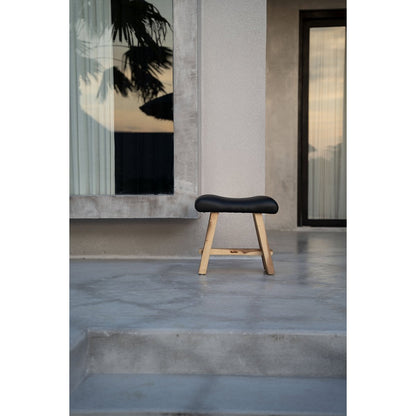 Suar Wood Stool with Leather Seat - Natural Black