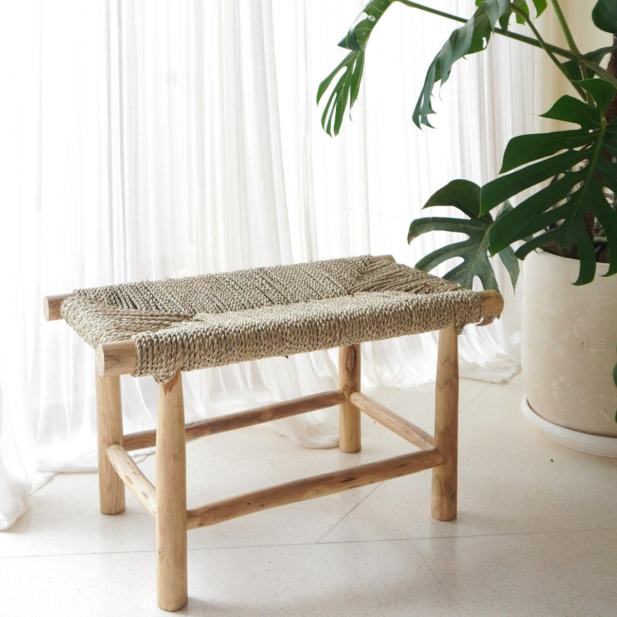 Teak & Seagrass Bench - Handwoven Accent Furniture
