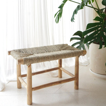 Teak & Seagrass Bench - Handwoven Accent Furniture
