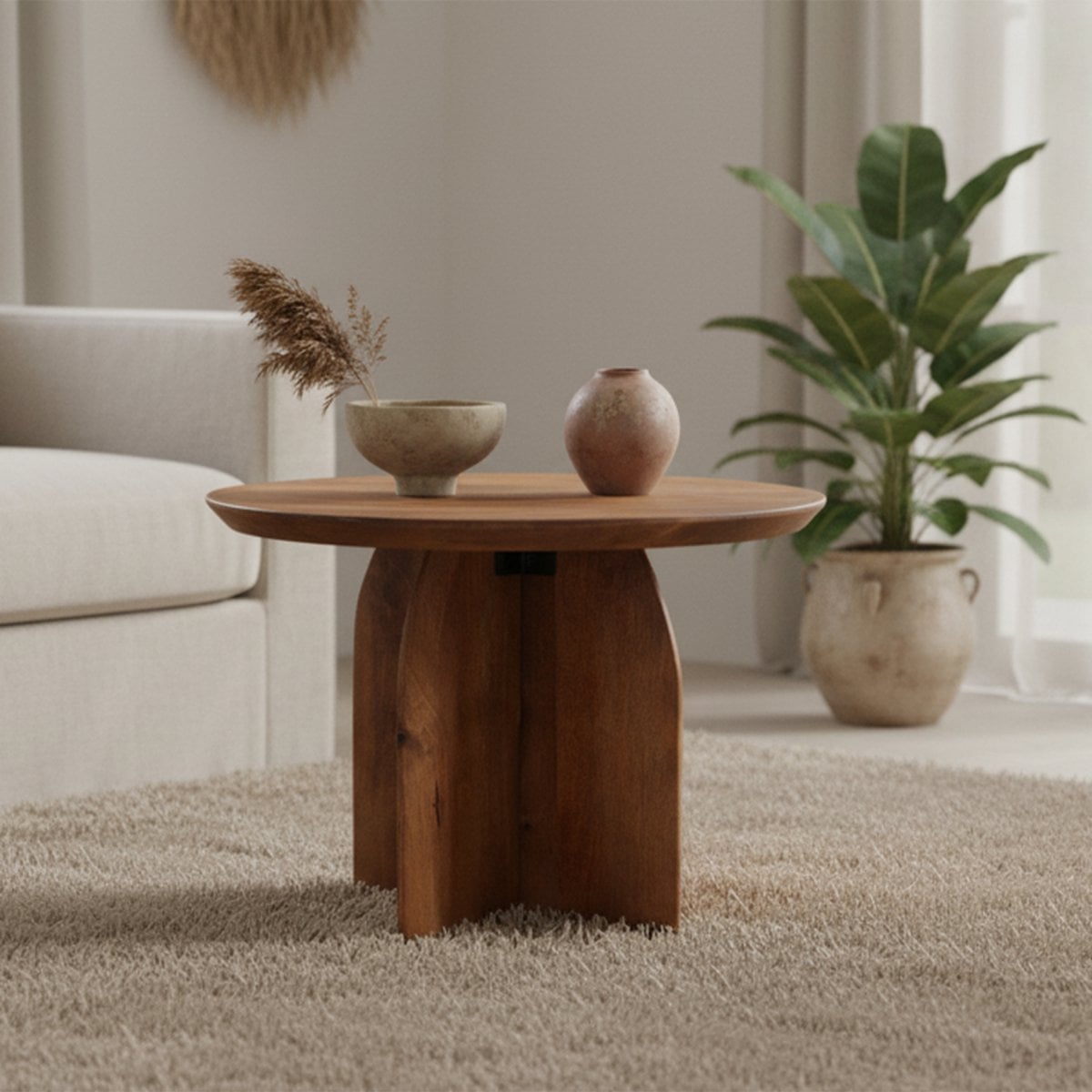 Mango Wood Side Table - Round Accent Table, 55 cm