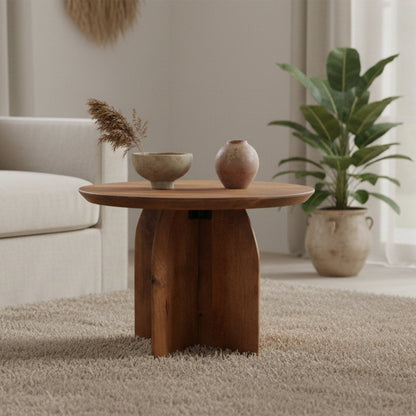 Mango Wood Side Table - Round Accent Table, 55 cm