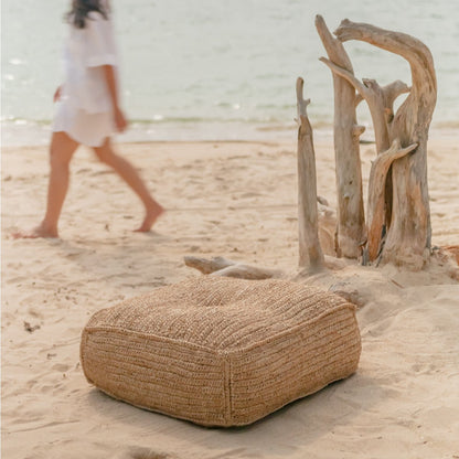 Raffia Pouf Beanbag - Hand Knitted Ottoman, Natural Fiber, Java
