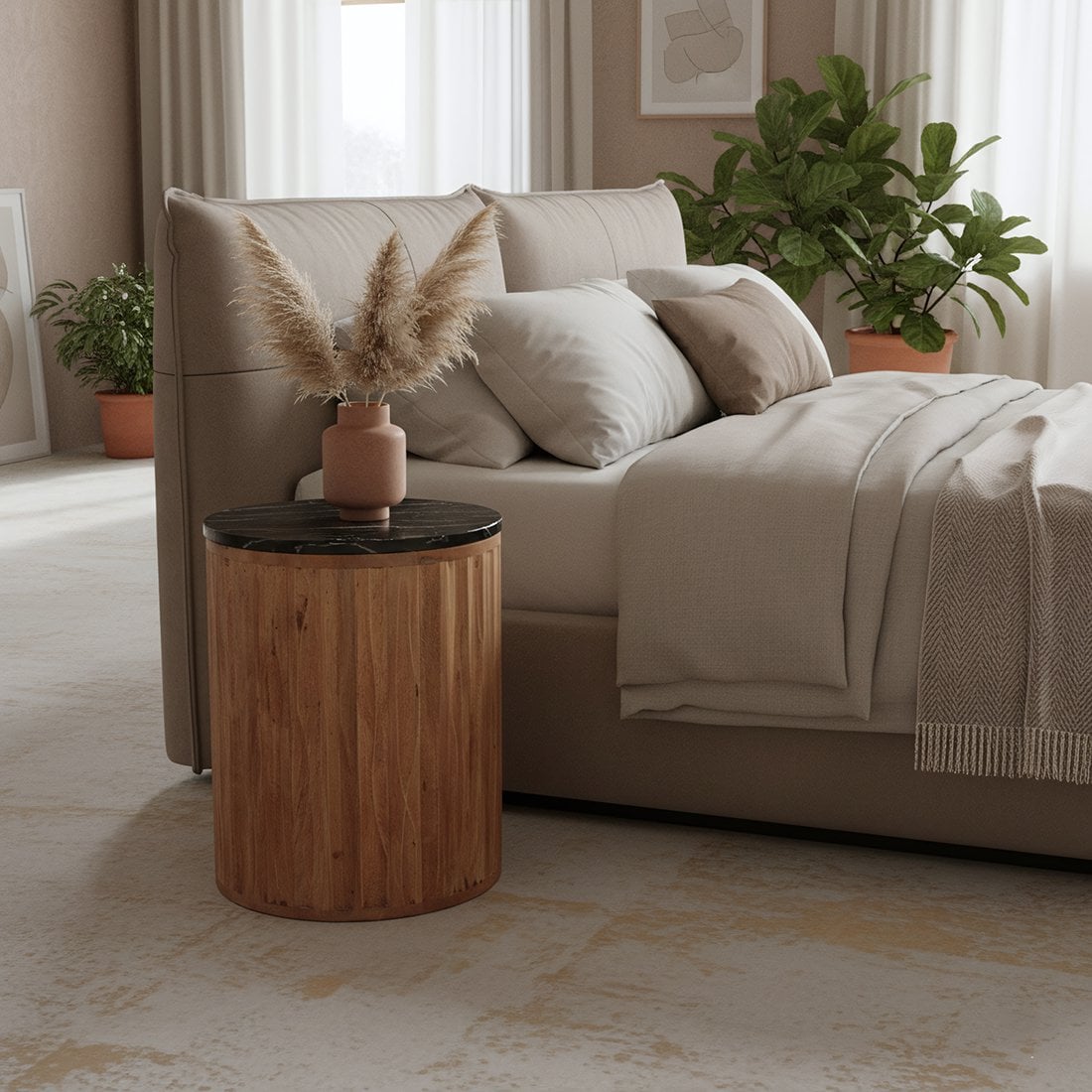 Black Marble Side Table - Mango Wood Base, 40x40x50 cm