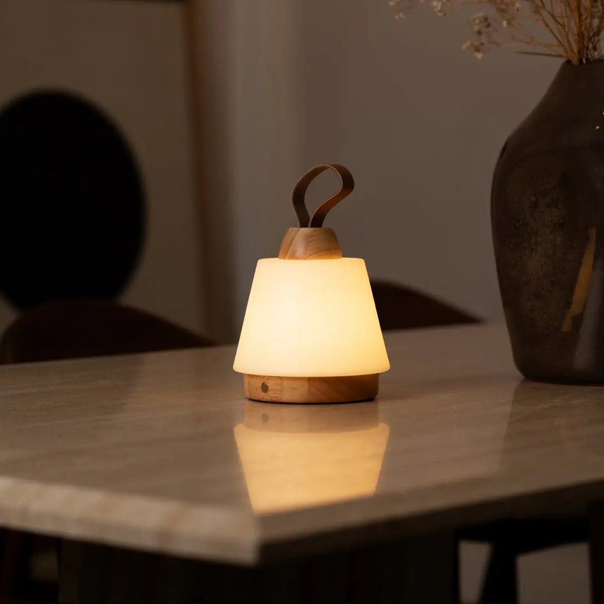 Rechargeable Table Lamp - Brown Wood & Leather, Dimmable