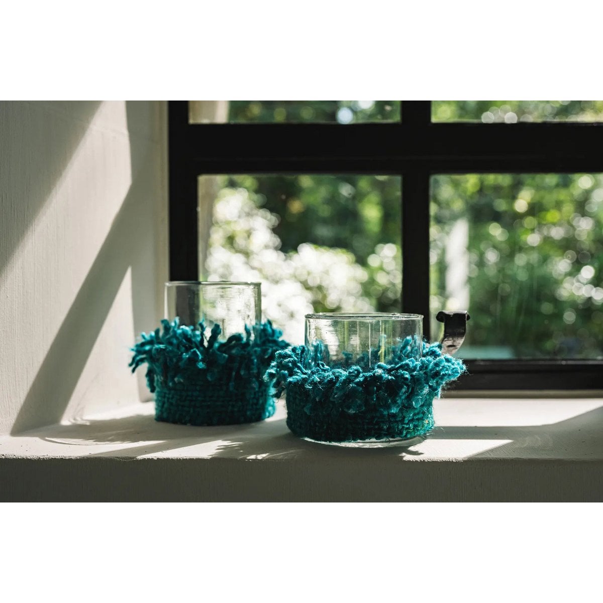 Aqua Tea Light Holder - Hand-Knitted Cotton Candle Holder - Medium