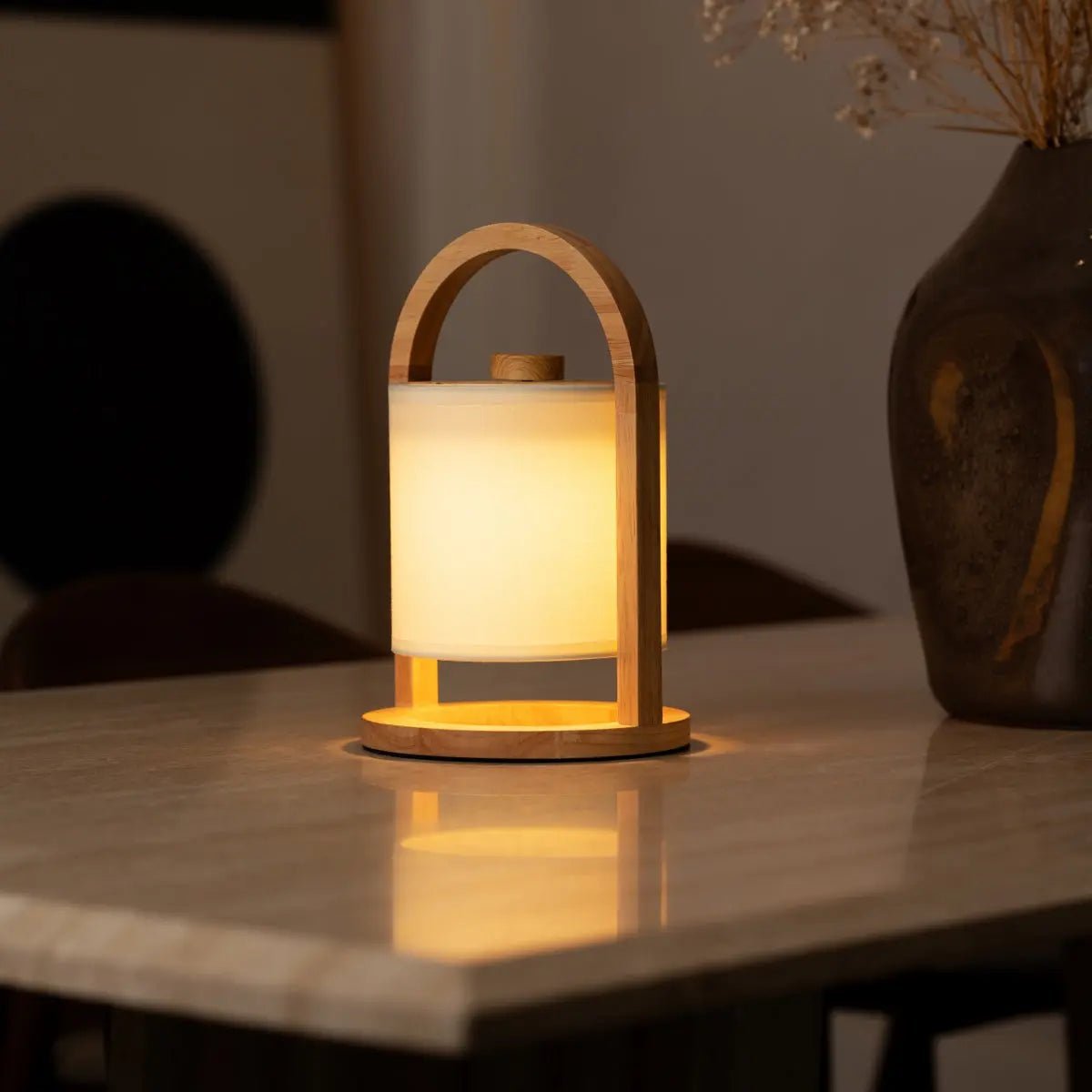 River Light Brown Wooden Rechargeable Lamp | Linen Blend, Versatile & Up to 100 Hours of Battery Life