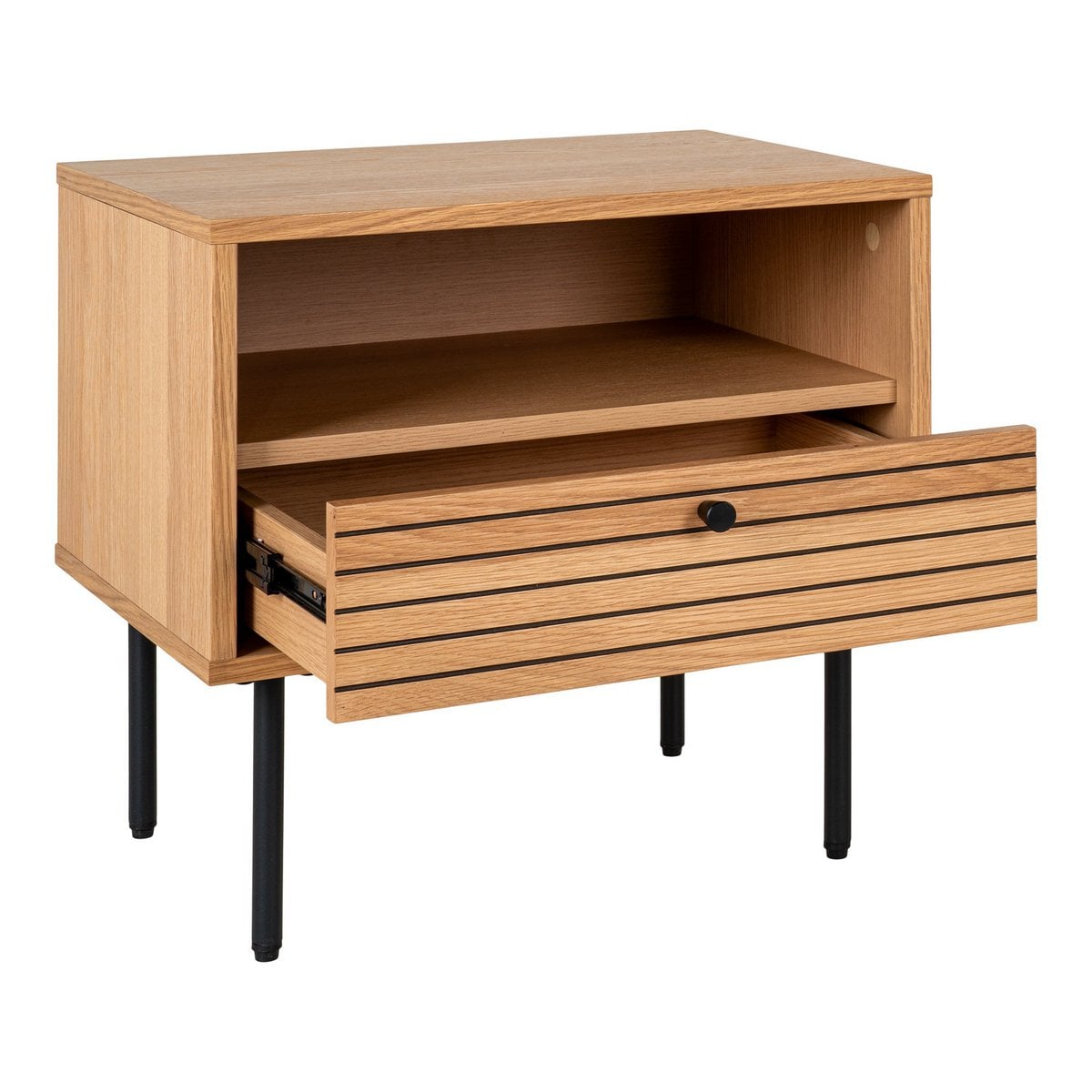 Kyoto Side Table - Side Table, oak veneer, black metal legs, 1 drawer, 50x40x50 cm