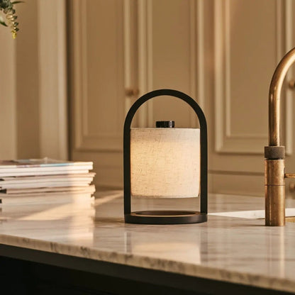 Black Wood Rechargeable Table Lamp | Linen Shade & 100-Hour Battery