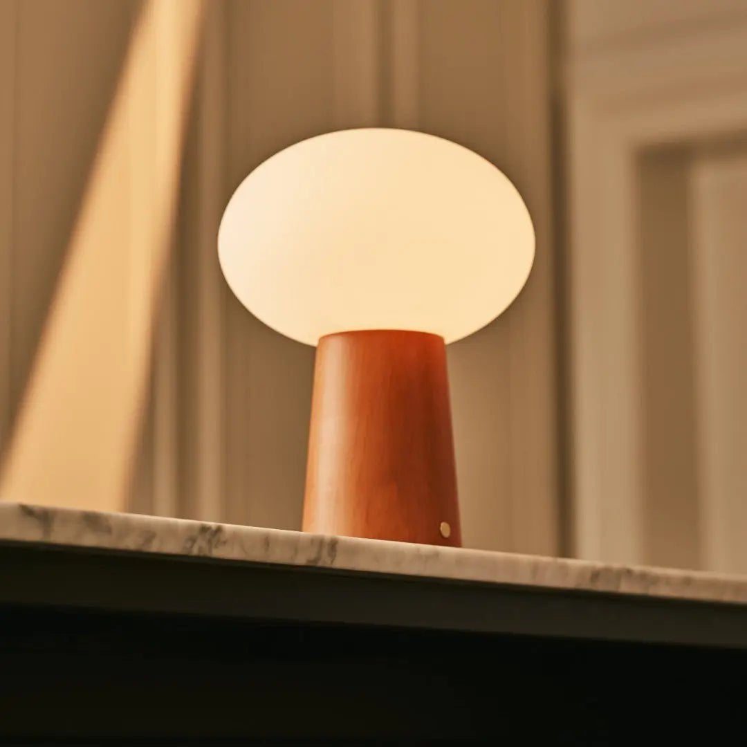 Max Chestnut Brown Wooden Cordless Table Lamp | Rechargeable, Glass, Sustainable Design