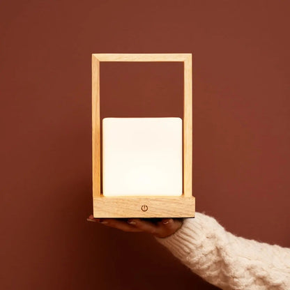 Rubberwood Table Lamp - Light Brown Cordless Dimmable Rechargeable